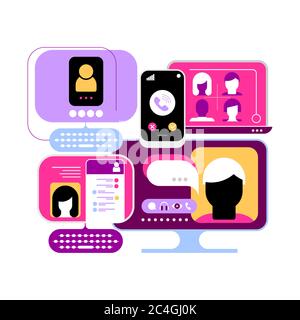 Design coloré isolé sur un fond blanc Illustration vectorielle de chat en ligne. Moniteurs d'ordinateur et écrans de smartphone avec messages de chat, vidéo Illustration de Vecteur
