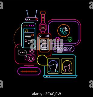 Couleurs néon isolées sur un fond noir conception vectorielle de chat en ligne. Appareils électroniques, ordinateur, ordinateur portable, smartphone et routeur wi-fi. Illustration de Vecteur