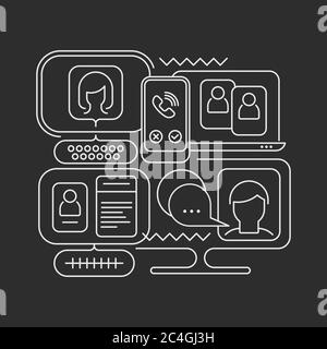 Illustration vectorielle de discussion en ligne isolée sur un fond gris foncé. Moniteurs d'ordinateur et écrans de smartphone avec messages de chat, vi Illustration de Vecteur