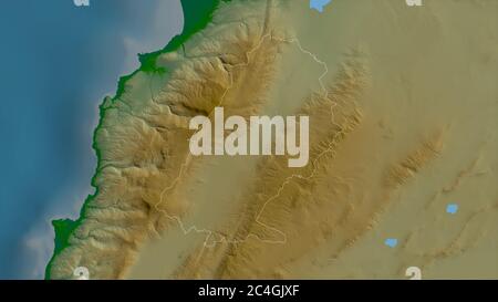 Baalbak-Hermel, gouvernorat du Liban. Données de shader de couleur avec lacs et rivières. Forme entourée par rapport à sa zone de pays. Rendu 3D Banque D'Images