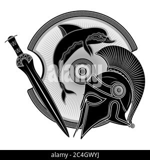 Casque hellénique ancien, bouclier grec ancien, l'image d'un dauphin et d'un méandre d'ornement grec Illustration de Vecteur