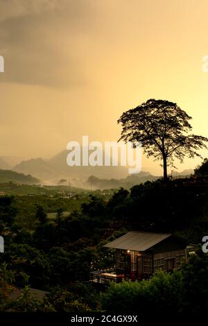 Coucher de soleil dans les montagnes du quartier MOC Chau, province de son la, Vietnam Banque D'Images