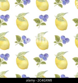 Motif aquarelle sans couture avec citrons, bleuets et feuilles sur fond clair. Illustration aquarelle lumineuse. Banque D'Images