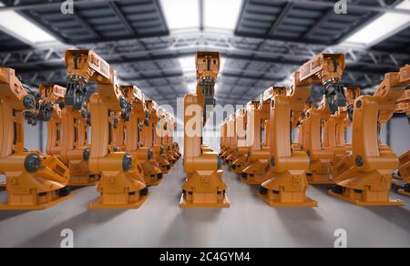 groupe de rendu 3d de bras robotiques orange en usine Banque D'Images