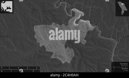 Floreşti, district de Moldova. Carte à échelle de gris avec lacs et rivières. Forme présentée dans sa zone de pays avec des superpositions informatives. Rendu 3D Banque D'Images
