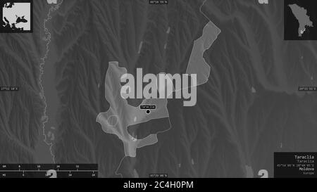 Taraclia, district de Moldavie. Carte à échelle de gris avec lacs et rivières. Forme présentée dans sa zone de pays avec des superpositions informatives. Rendu 3D Banque D'Images