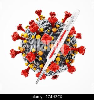 Virus générique et thermomètre isolés sur fond blanc. Illustration 3D. Banque D'Images