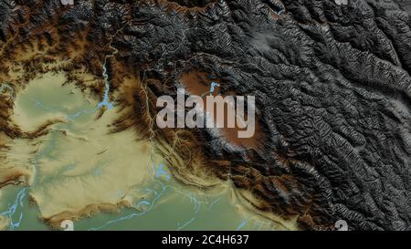 Azad Cachemire, région du Pakistan administrée de manière centrale. Relief coloré avec lacs et rivières. Forme entourée par rapport à sa zone de pays. Rendu 3D Banque D'Images