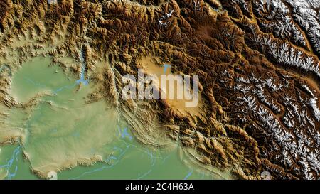 Azad Cachemire, région du Pakistan administrée de manière centrale. Données de shader de couleur avec lacs et rivières. Forme entourée par rapport à sa zone de pays. Rendu 3D Banque D'Images