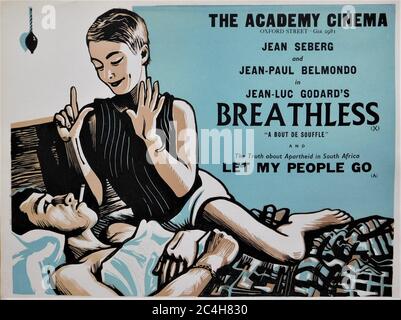 JEAN SEBERG et JEAN - PAUL BELMONDO en APNÉE / A BOUT DE SOUFFLE réalisateur 1960 JEAN - LUC GODARD scénario original FRANÇOISE TRUFFAUT poster du film œuvre de PETER STRAUSFELD les films Imperia / les Productions de Georges de Beauregard / Société Nouvelle-Nouvelle-Cinématographie (SNC) / British Lion film Corporation - l'Académie du cinéma Banque D'Images