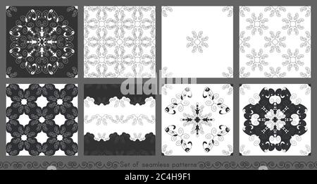Ensemble de motifs sans couture avec spirales. Gris, gris foncé et blanc. Vecteur. Illustration de Vecteur