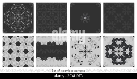 Ensemble de motifs sans couture avec spirales. Gris foncé et gris clair. Vecteur. Illustration de Vecteur