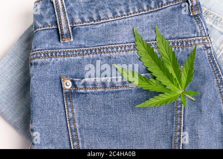 Une feuille de chanvre frais repose sur des jeans. Cannabis concept la fabrication de tissus de vêtements Banque D'Images