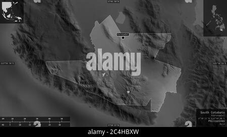 Cotabato Sud, province des Philippines. Carte à échelle de gris avec lacs et rivières. Forme présentée dans sa zone de pays avec des superpositions informatives. 3D Banque D'Images