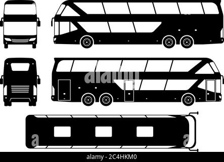 Silhouette de bus touristique sur fond blanc. Les icônes de véhicule définissent la vue latérale, avant, arrière et supérieure Illustration de Vecteur