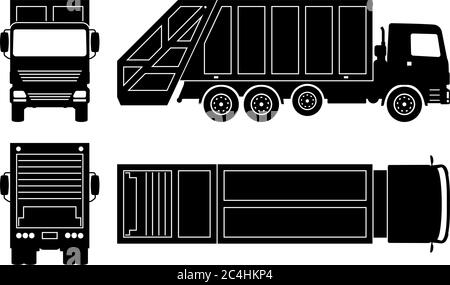 Silhouette de camion à ordures sur fond blanc. Les icônes de véhicule définissent la vue latérale, avant, arrière et supérieure Illustration de Vecteur