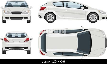 Modèle de vecteur voiture à hayon blanc avec des couleurs simples sans dégradés ni effets. Vue latérale, avant, arrière et supérieure. Illustration de Vecteur