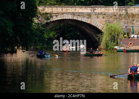 Touristes sur les bateaux à rames dans la rivière Nidd à Knaresborough Banque D'Images