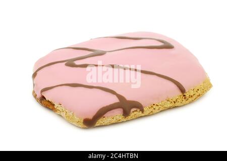 gâteaux fraîchement cuits, roses, avec sauce au chocolat sur fond blanc Banque D'Images