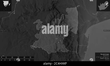Mpumalanga, province d'Afrique du Sud. Carte à échelle de gris avec lacs et rivières. Forme présentée dans sa zone de pays avec des superpositions informatives. 3D ren Banque D'Images