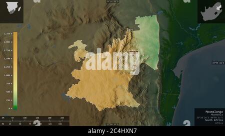 Mpumalanga, province d'Afrique du Sud. Données de shader de couleur avec lacs et rivières. Forme présentée dans sa zone de pays avec des superpositions informatives. 3 Banque D'Images