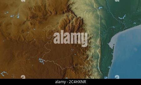 Mpumalanga, province d'Afrique du Sud. Relief coloré avec lacs et rivières. Forme entourée par rapport à sa zone de pays. Rendu 3D Banque D'Images