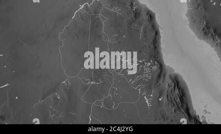 Nil, État du Soudan. Carte à échelle de gris avec lacs et rivières. Forme entourée par rapport à sa zone de pays. Rendu 3D Banque D'Images