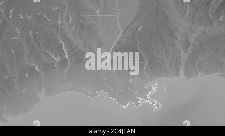 Louisiane, État des États-Unis. Carte à échelle de gris avec lacs et rivières. Forme entourée par rapport à sa zone de pays. Rendu 3D Banque D'Images