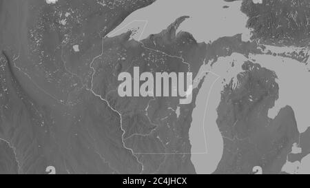 Wisconsin, État des États-Unis. Carte à échelle de gris avec lacs et rivières. Forme entourée par rapport à sa zone de pays. Rendu 3D Banque D'Images