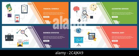 Vector set de bannières web vertical avec l'annexe financière, des services comptables, statistiques commerciales, vérification financière. Modèle de page de scénario pour nappes Illustration de Vecteur