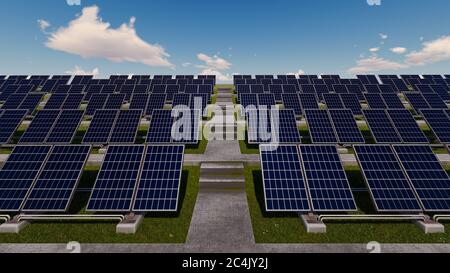 Image éclatante des panneaux solaires sous les nuages épars Banque D'Images