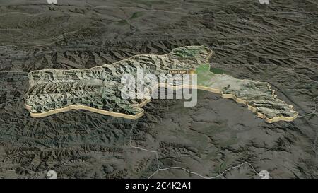 Zoom avant sur Parwan (province d'Afghanistan) extrudé. Perspective oblique. Imagerie satellite. Rendu 3D Banque D'Images