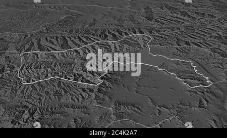 Zoom avant sur Parwan (province de l'Afghanistan) décrit. Perspective oblique. Carte d'altitude à deux niveaux avec les eaux de surface. Rendu 3D Banque D'Images