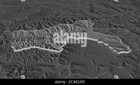 Zoom avant sur Parwan (province d'Afghanistan) extrudé. Perspective oblique. Carte d'altitude à deux niveaux avec les eaux de surface. Rendu 3D Banque D'Images