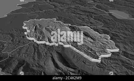 Zoom sur Berat (comté d'Albanie) extrudé. Perspective oblique. Carte d'altitude à deux niveaux avec les eaux de surface. Rendu 3D Banque D'Images