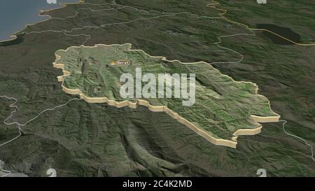 Zoom sur Berat (comté d'Albanie) extrudé. Perspective oblique. Imagerie satellite. Rendu 3D Banque D'Images