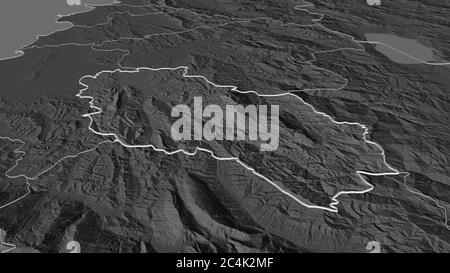 Zoom sur Berat (comté d'Albanie) décrit. Perspective oblique. Carte d'altitude à deux niveaux avec les eaux de surface. Rendu 3D Banque D'Images