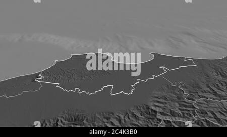 Zoom avant sur Alger (province d'Algérie). Perspective oblique. Carte d'altitude à deux niveaux avec les eaux de surface. Rendu 3D Banque D'Images