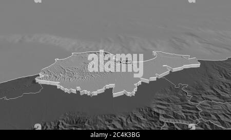 Zoom avant sur Alger (province d'Algérie) extrudé. Perspective oblique. Carte d'altitude à deux niveaux avec les eaux de surface. Rendu 3D Banque D'Images