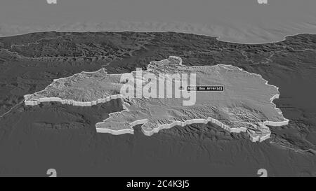 Zoom avant sur Bordj Bou Arréridj (province d'Algérie) extrudé. Perspective oblique. Carte d'altitude à deux niveaux avec les eaux de surface. Rendu 3D Banque D'Images