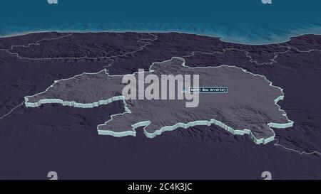 Zoom avant sur Bordj Bou Arréridj (province d'Algérie) extrudé. Perspective oblique. Carte colorée et bosselée de la division administrative avec surface Banque D'Images