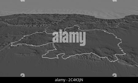 Zoom avant sur Bordj Bou Arréridj (province d'Algérie). Perspective oblique. Carte d'altitude à deux niveaux avec les eaux de surface. Rendu 3D Banque D'Images