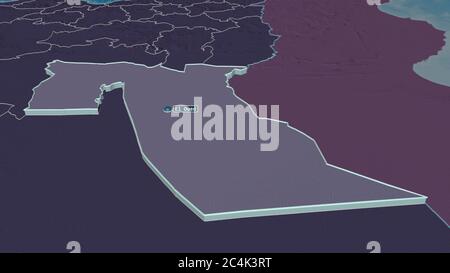 Zoom avant sur El Oued (province d'Algérie) extrudé. Perspective oblique. Carte colorée et bosselée de la division administrative avec les eaux de surface. 3D Banque D'Images
