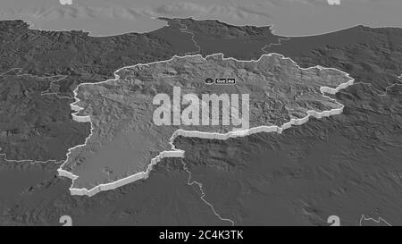 Zoom sur Guelma (province d'Algérie) extrudé. Perspective oblique. Carte d'altitude à deux niveaux avec les eaux de surface. Rendu 3D Banque D'Images