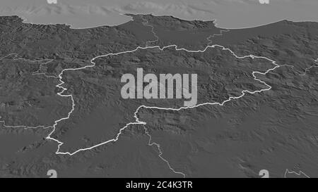 Zoom sur Guelma (province d'Algérie). Perspective oblique. Carte d'altitude à deux niveaux avec les eaux de surface. Rendu 3D Banque D'Images