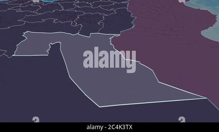 Zoom avant sur El Oued (province d'Algérie). Perspective oblique. Carte colorée et bosselée de la division administrative avec les eaux de surface. 3D Banque D'Images