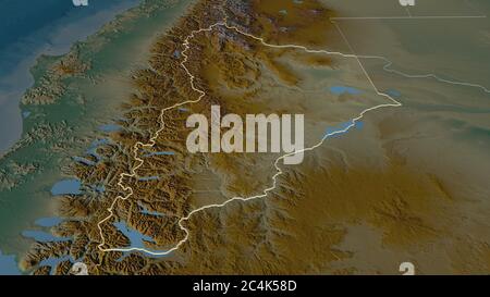 Zoom avant sur Neuquén (province d'Argentine). Perspective oblique. Carte topographique des eaux de surface. Rendu 3D Banque D'Images