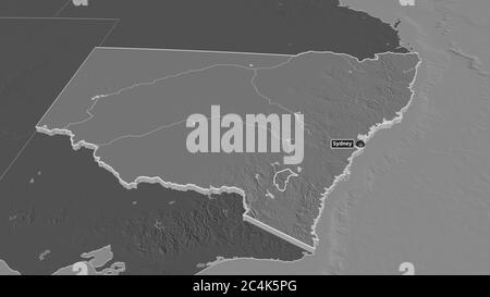 Zoom avant sur Nouvelle-Galles du Sud (état de l'Australie) extrudé. Perspective oblique. Carte d'altitude à deux niveaux avec les eaux de surface. Rendu 3D Banque D'Images