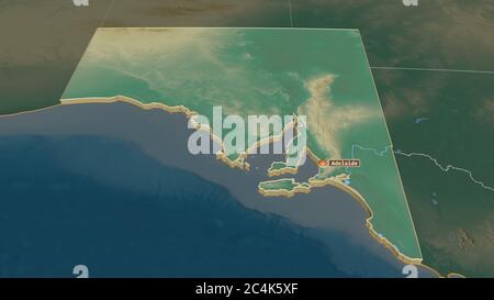 Zoom avant sur l'Australie méridionale (état de l'Australie) extrudée. Perspective oblique. Carte topographique des eaux de surface. Rendu 3D Banque D'Images