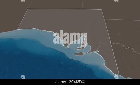 Effectuez un zoom avant sur l'Australie méridionale (état de l'Australie). Perspective oblique. Carte colorée et bosselée de la division administrative avec surface wate Banque D'Images